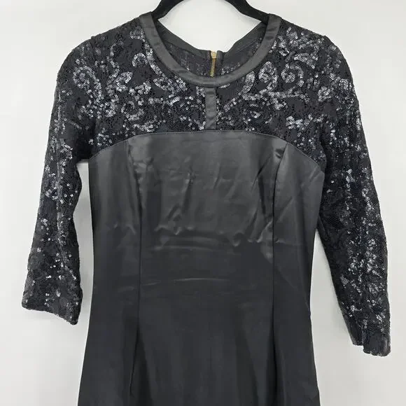 Frankie Morello Gala-Ready Glam Black Satin Sequin Lace Sheath Pencil Dress 40 - Picture 2 of 11